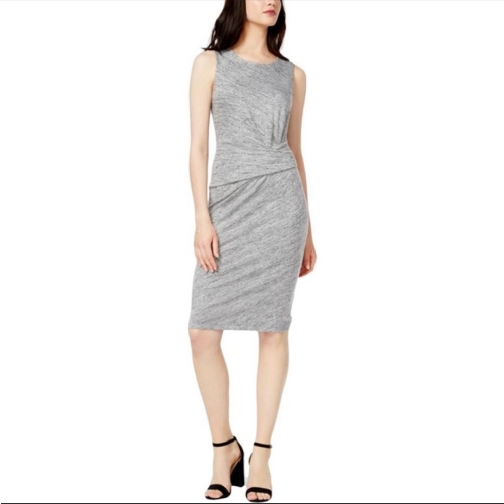 NWT Bar III Knee Length Cross Over Ruched Waist Dress In Heather Gray